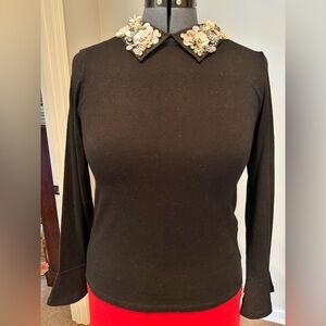 Cache Black Top with Embellished Collar